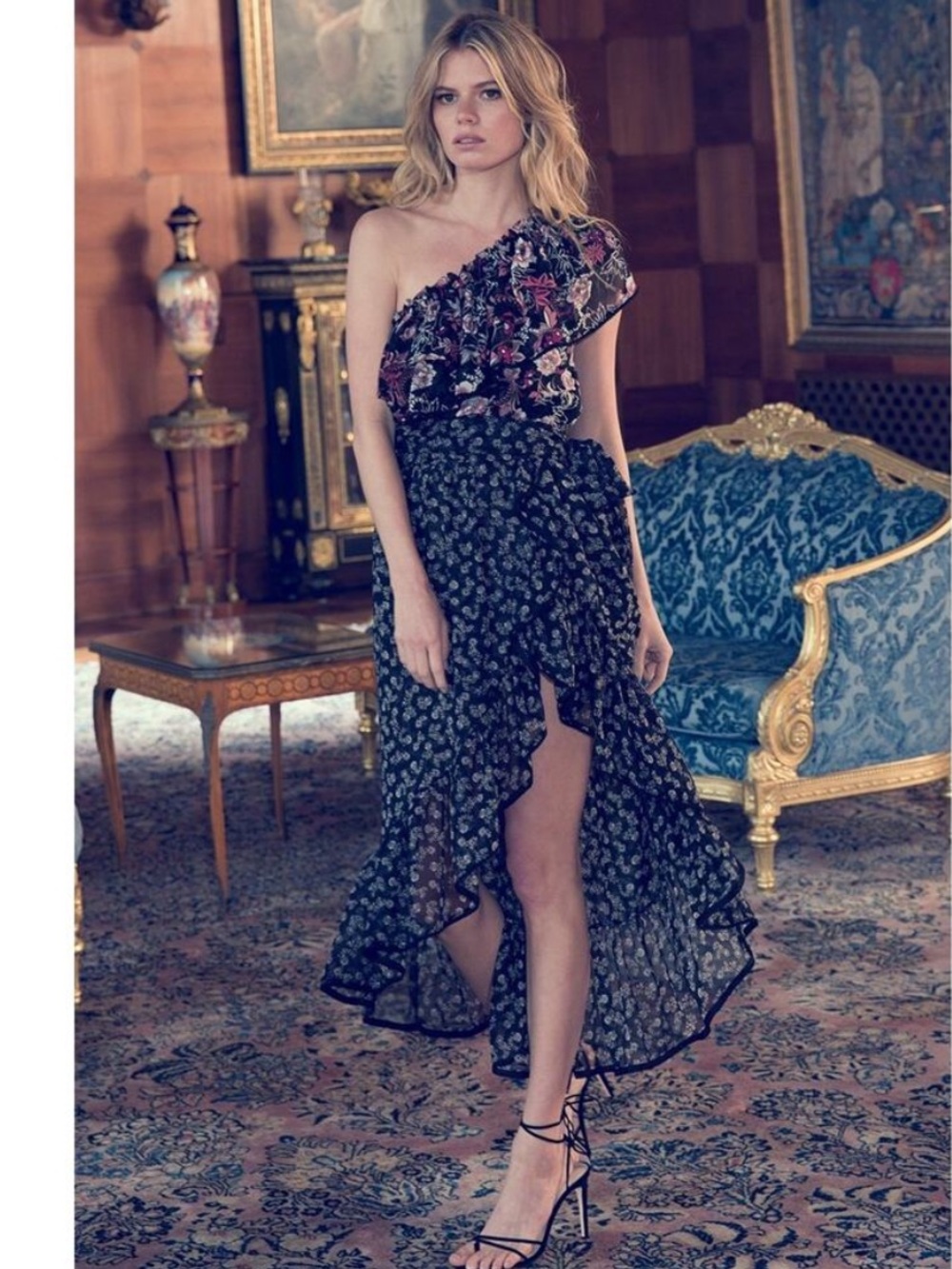 Misa Los Angeles One-Shoulder Floral Maxi Dress - Black and Pink